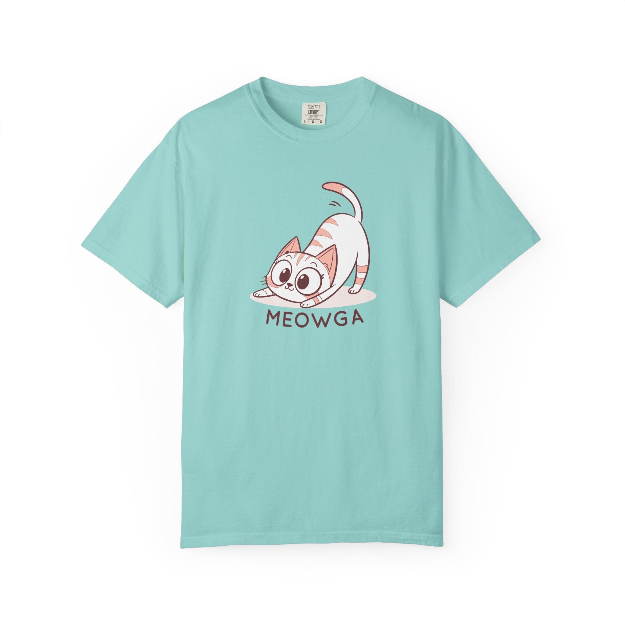 ’Meowga’ Cat Yoga T-Shirt | Cute Kitten Stretch Pose Graphic Tee - Chalky Mint / S