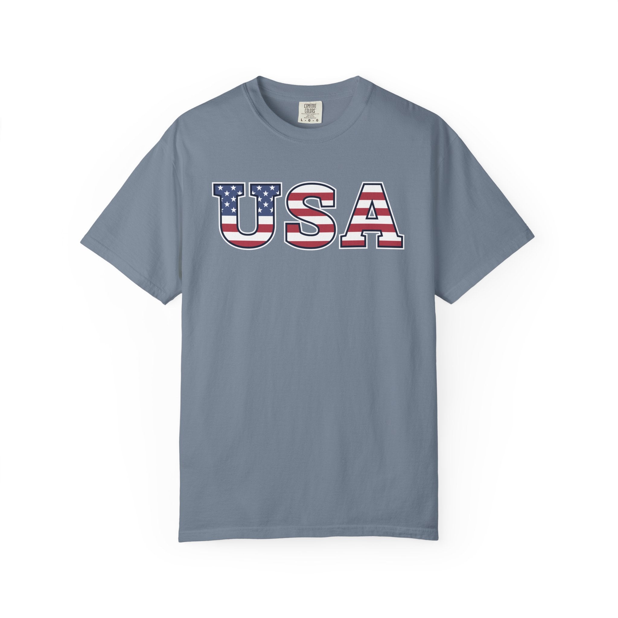 USA Typography Patriotic T-Shirt - Blue Jean / S
