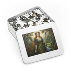 Jigsaw puzzle set with a 'Majestic Elven Queen of Isekai Fantasy Forest' design in a tin box on a white background
