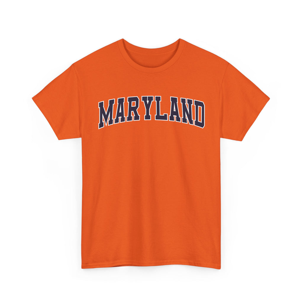 Orange t-shirt with 'MARYLAND' printed on it against a white background