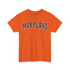 Orange t-shirt with 'MARYLAND' printed on it against a white background