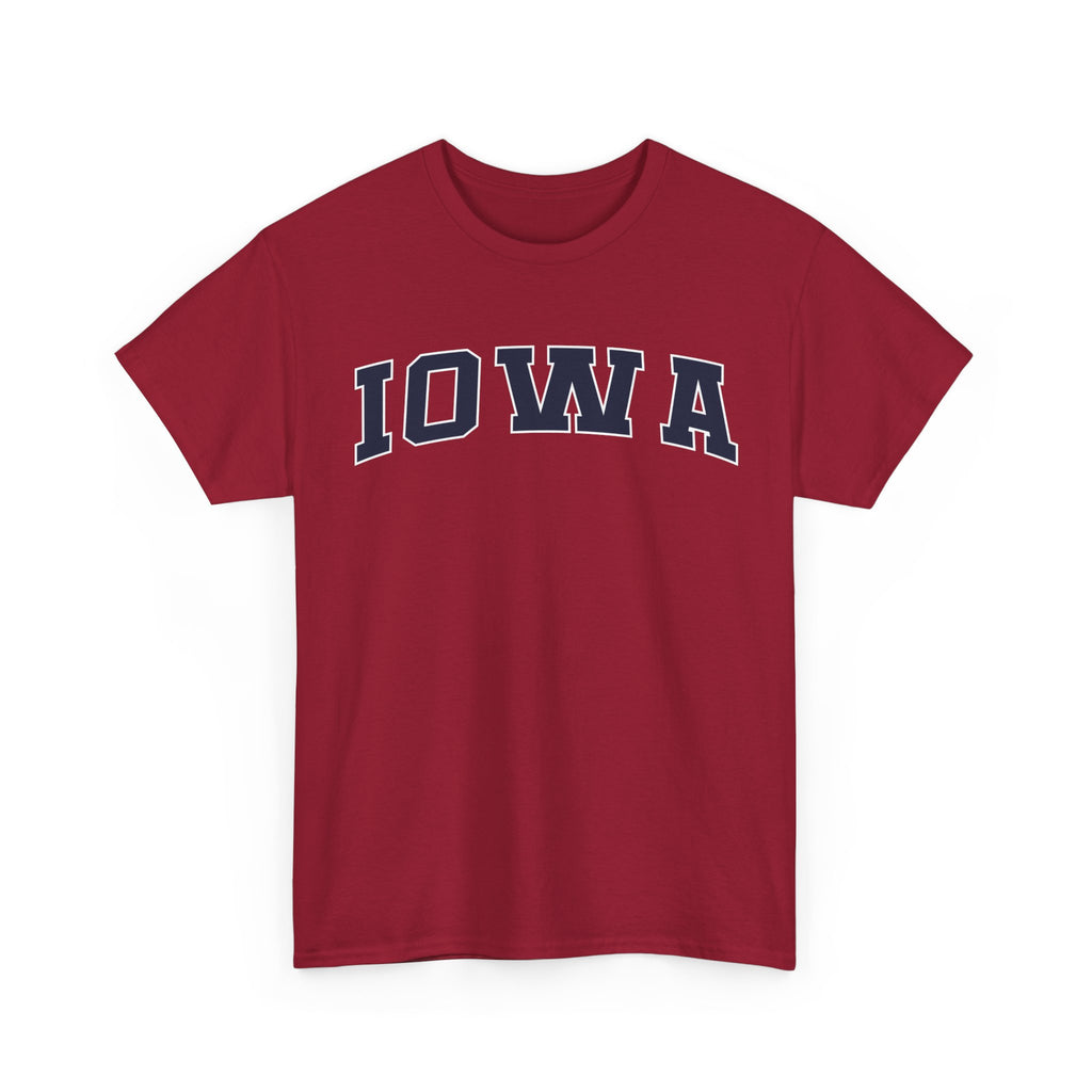 Red t-shirt with 'IOWA' text on a white background