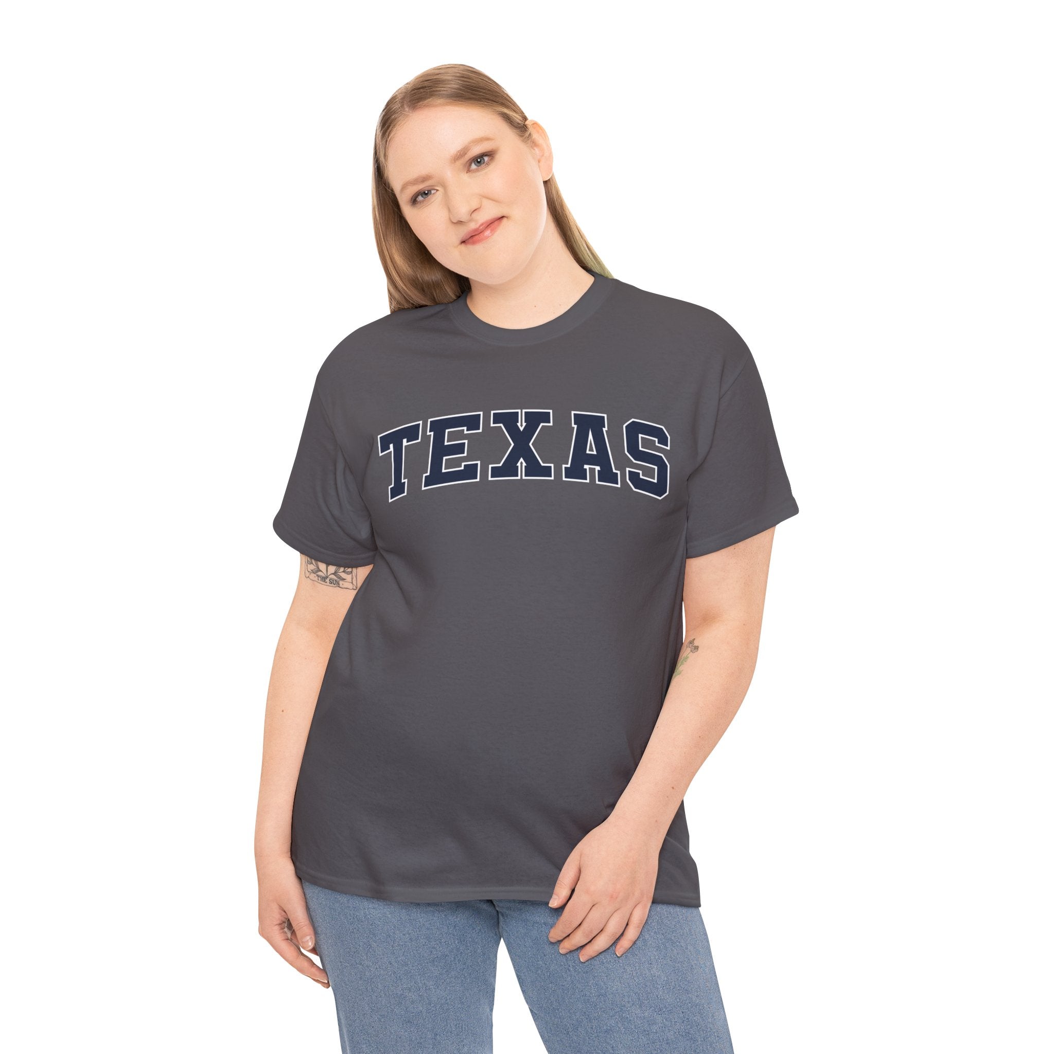 Person wearing a Charcoal 'TEXAS' t-shirt on a white background