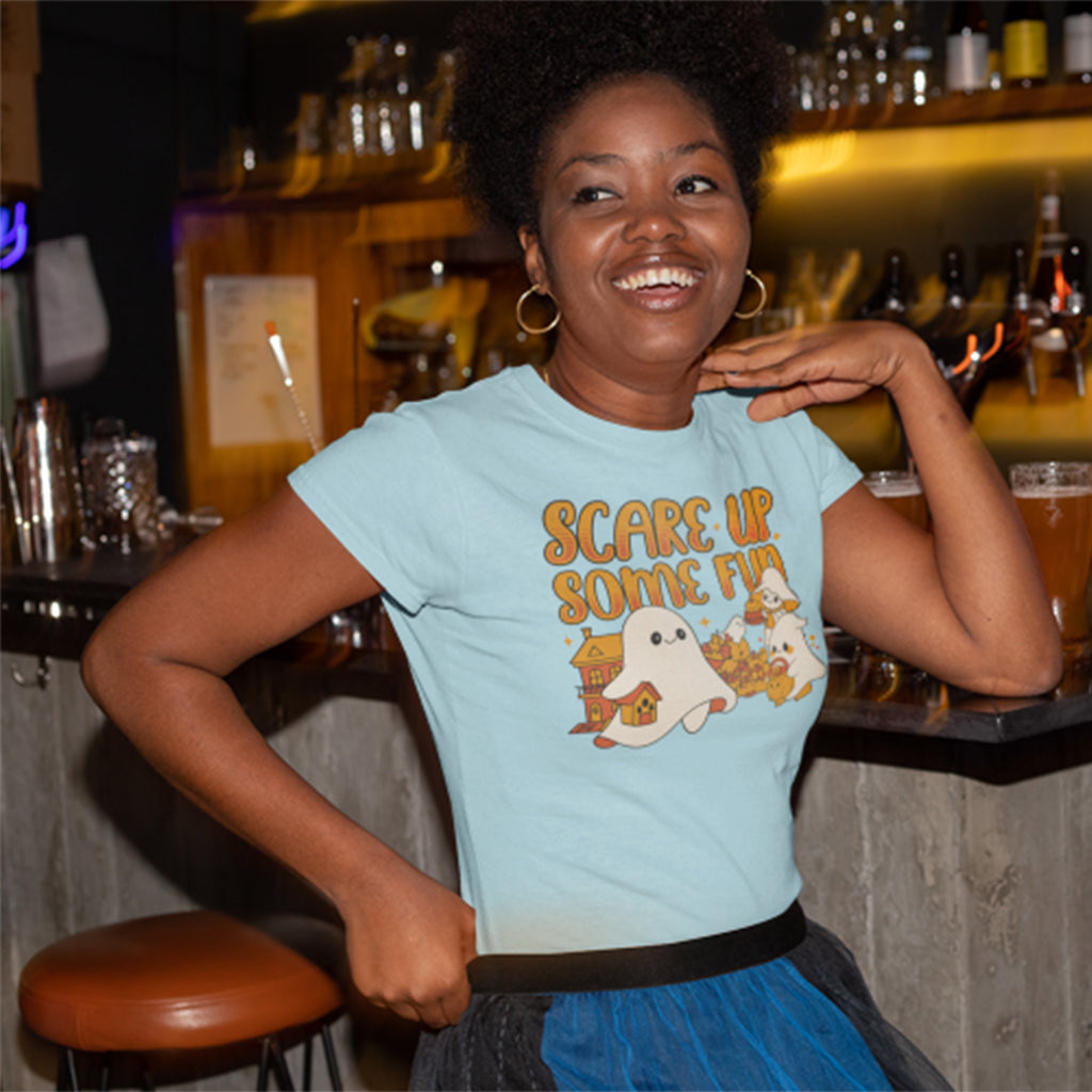 Funny Halloween Ghost T-Shirt: Spooky Pumpkin Design with ’Scare Up Some Fun’ Quote - T-Shirt