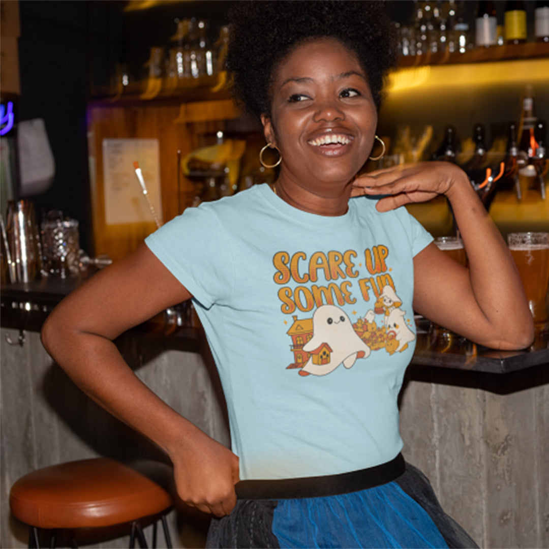 Funny Halloween Ghost T-Shirt: Spooky Pumpkin Design with ’Scare Up Some Fun’ Quote - T-Shirt