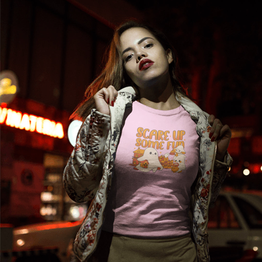 Funny Halloween Ghost T-Shirt: Spooky Pumpkin Design with ’Scare Up Some Fun’ Quote - T-Shirt