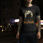 Happy Halloween T-Shirt: Haunted House Graphic Tee with Bats & Pumpkin - Trick or Treat - T-Shirt