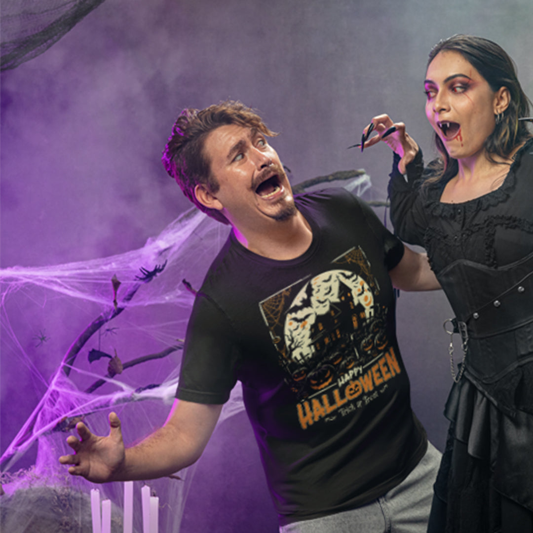 Happy Halloween T-Shirt: Haunted House Graphic Tee with Bats & Pumpkin - Trick or Treat - T-Shirt