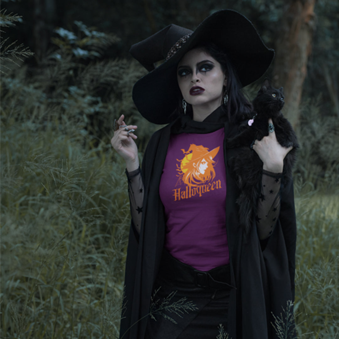 Halloqueen Witch T-Shirt: Sassy Halloween Queen Tee with Vintage Retro Design - T-Shirt