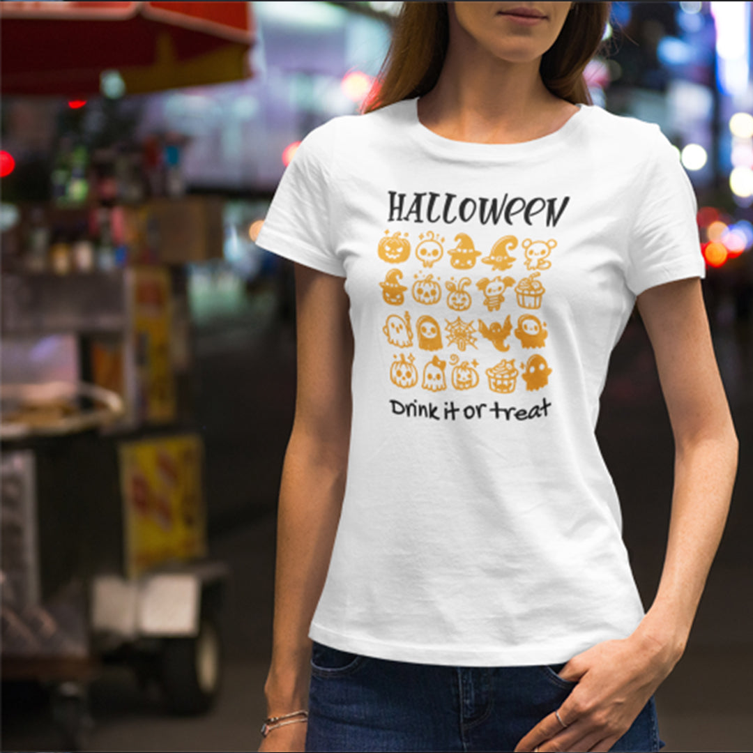 Drink It or Treat Halloween T-Shirt: Spooky Fun Graphic Tee with 25 Icon Design - T-Shirt