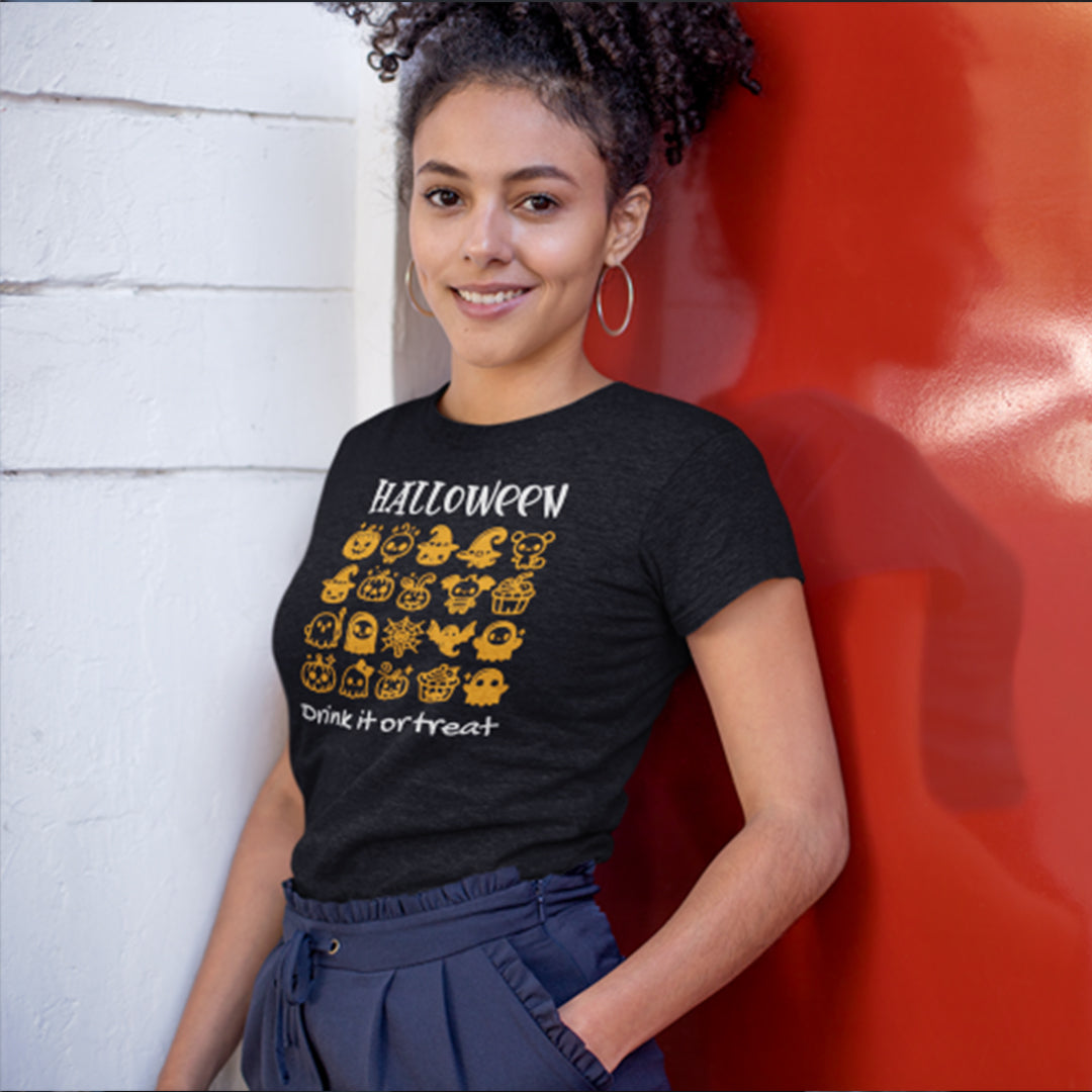 Drink It or Treat Halloween T-Shirt: Spooky Fun Graphic Tee with 25 Icon Design - T-Shirt
