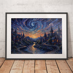 Framed artwork of a starry night over a village on a wooden floor with a white brick wall background.