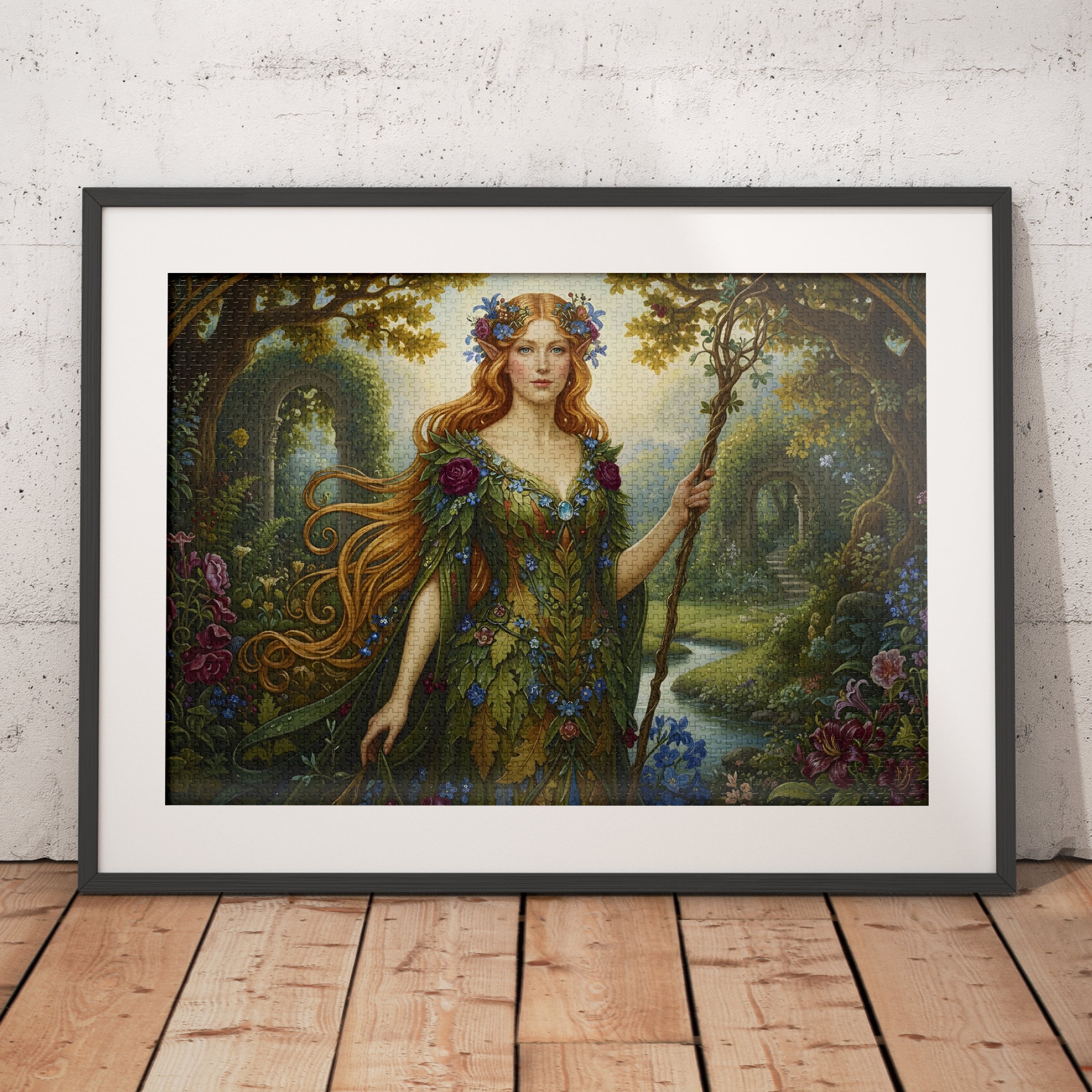 A framed complete jigsaw puzzle of A majestic elven queen in a gown of woven leaves, portrait in a certain style, intricate botanical details, vibrant natural colors, oil on canvas.