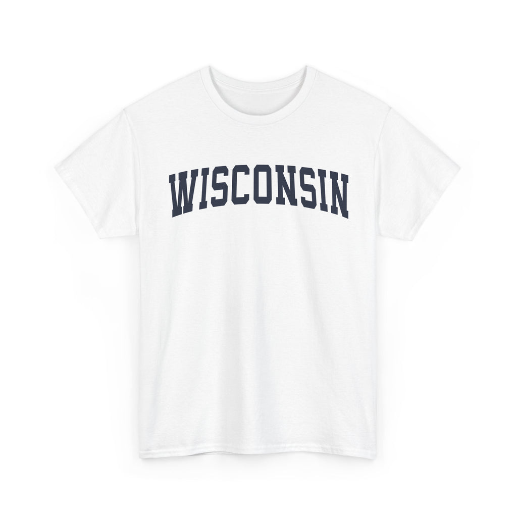 White t-shirt with 'WISCONSIN' printed on it against a white background