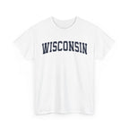 White t-shirt with 'WISCONSIN' printed on it against a white background