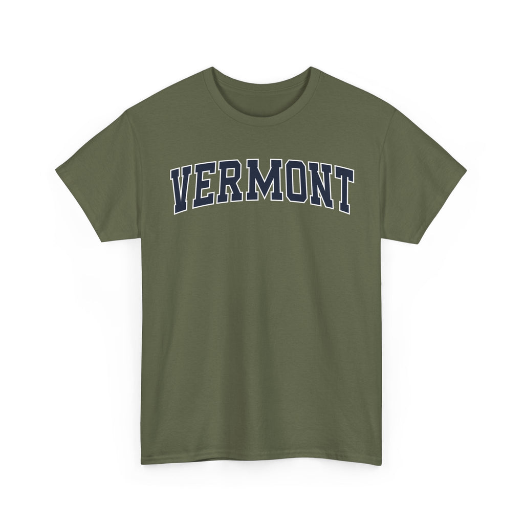 Green t-shirt with 'VERMONT' printed on it against a white background