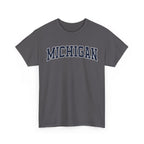 Charcoal t-shirt with 'MICHIGAN' text on a white background