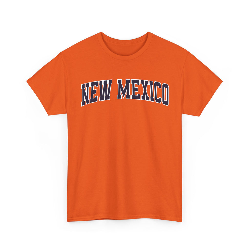 Orange t-shirt with 'NEW MEXICO' text on a white background
