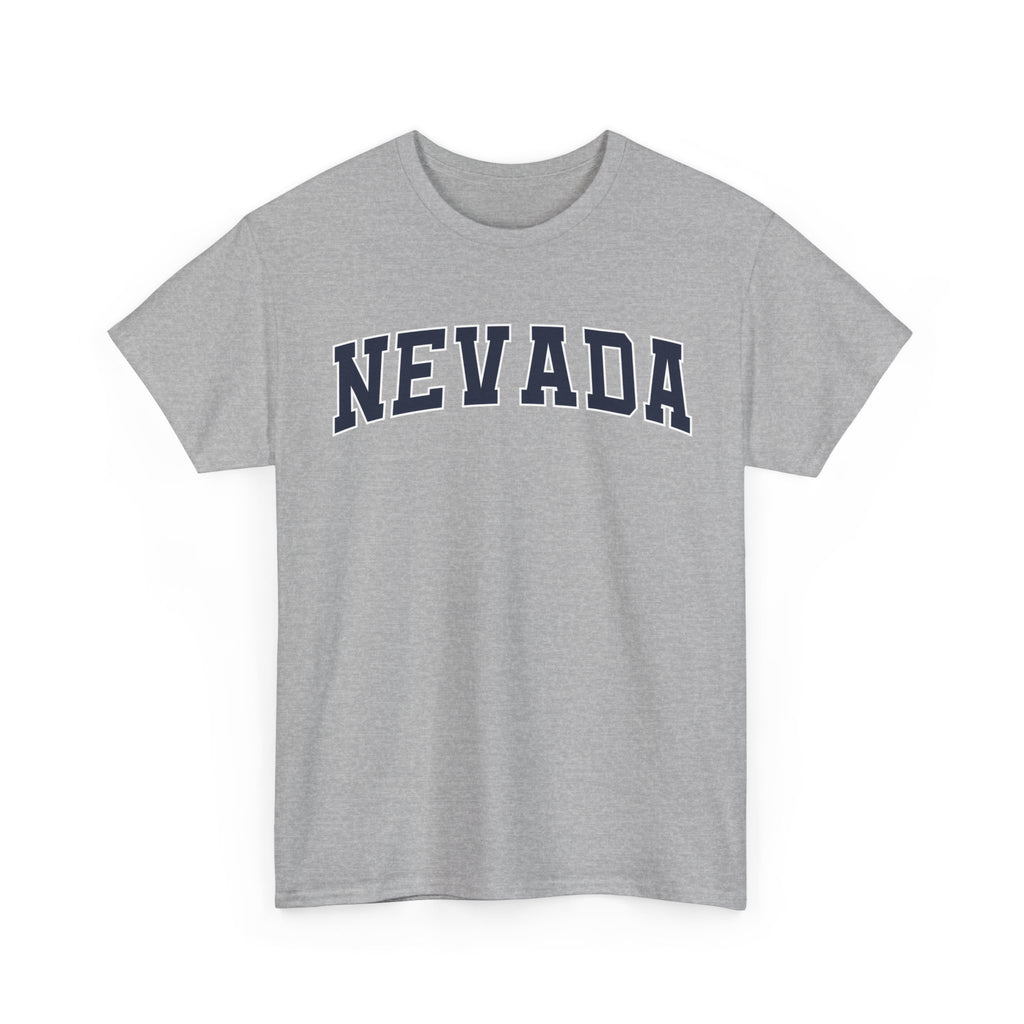 Gray t-shirt with 'NEVADA' printed on it against a white background