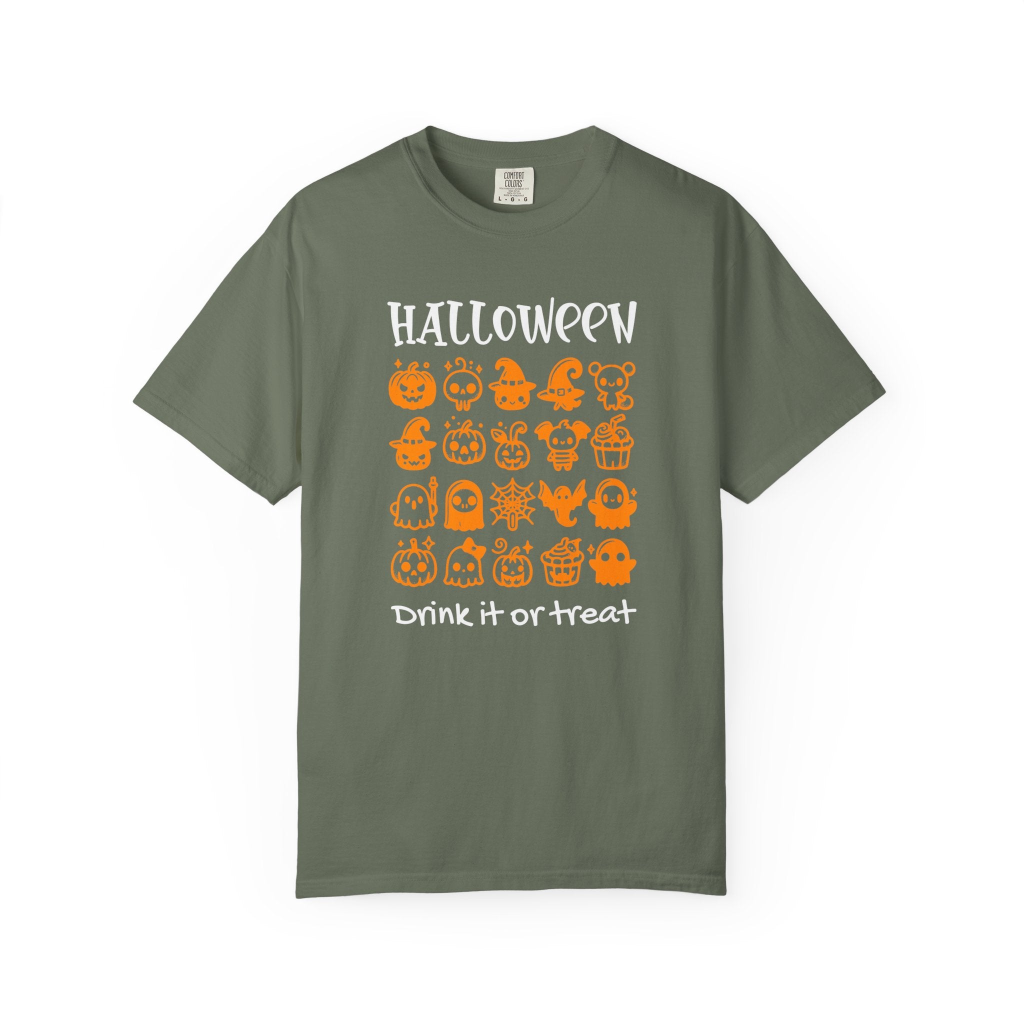 Drink It or Treat Halloween T-Shirt: Spooky Fun Graphic Tee with 25 Icon Design - Moss / S - T-Shirt