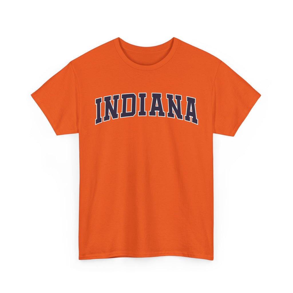 Orange t-shirt with 'INDIANA' text on a white background