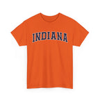 Orange t-shirt with 'INDIANA' text on a white background