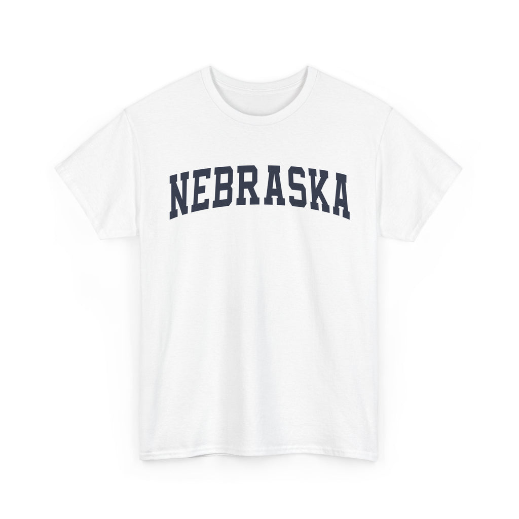 White t-shirt with 'NEBRASKA' printed in navy on a white background
