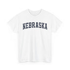 White t-shirt with 'NEBRASKA' printed in navy on a white background