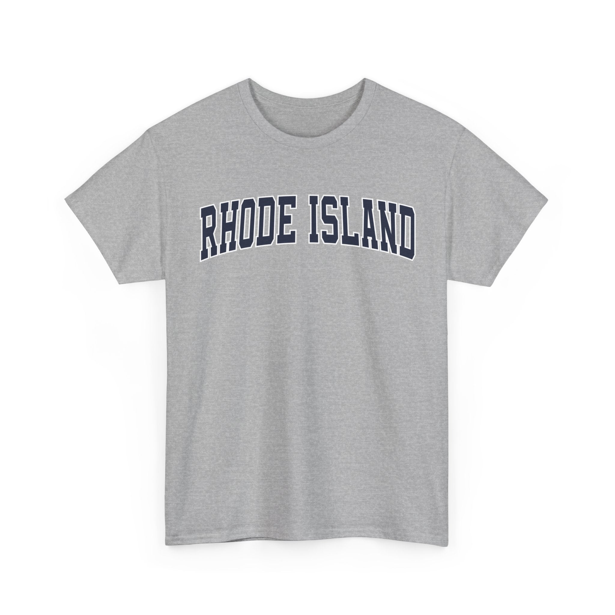 Gray t-shirt with 'RHODE ISLAND' text on a white background