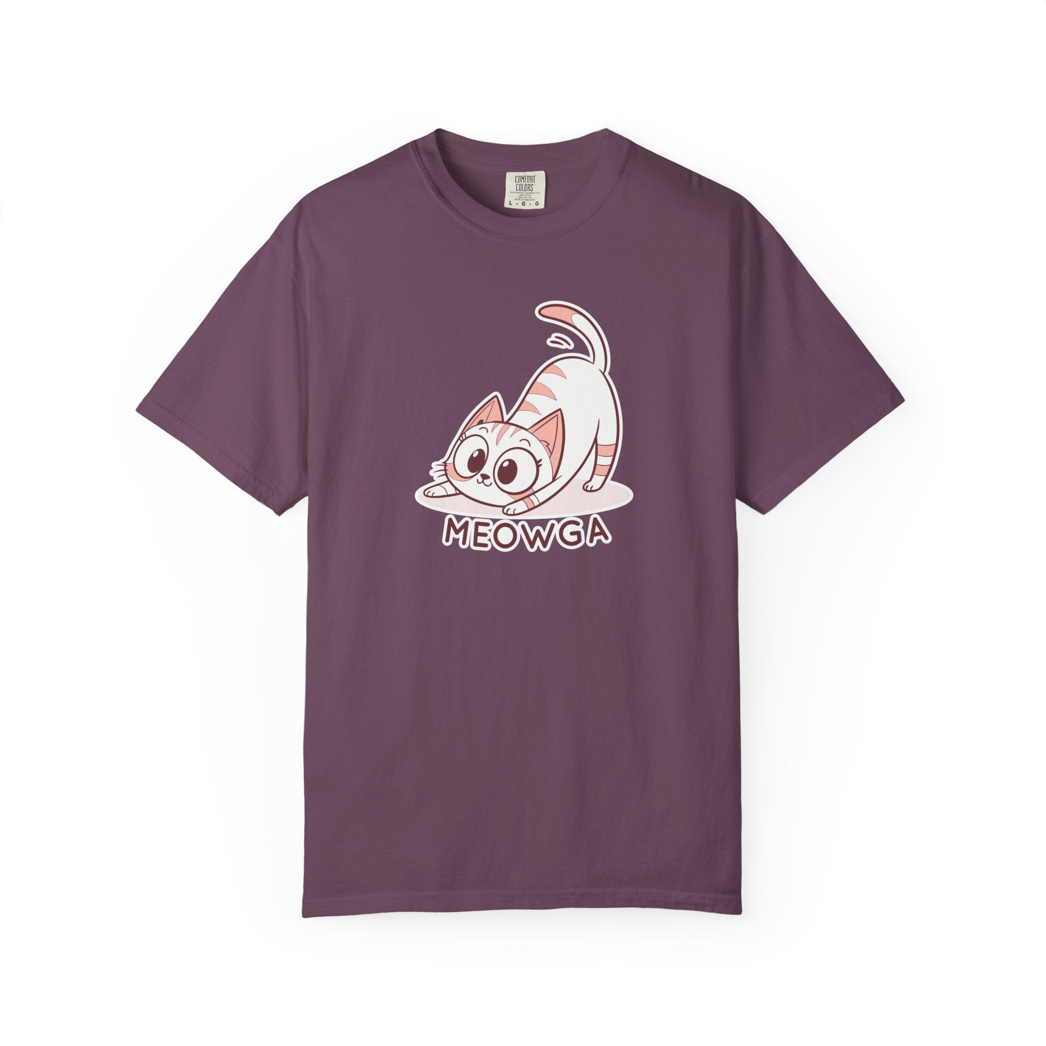 ’Meowga’ Cat Yoga T-Shirt | Cute Kitten Stretch Pose Graphic Tee - Berry / S