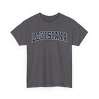 Charcoal t-shirt with 'LOUISIANA' text on a white background
