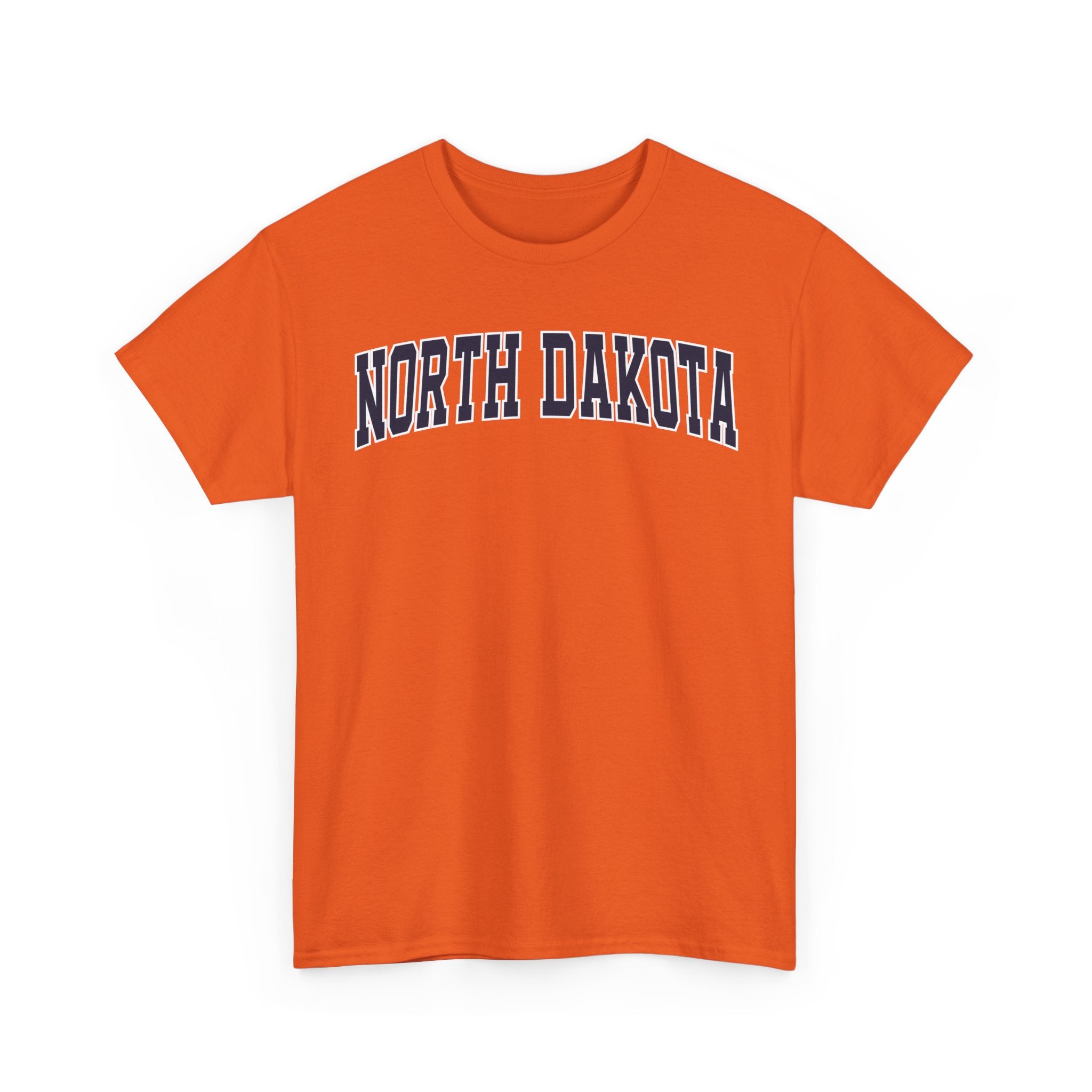 Orange t-shirt with 'NORTH DAKOTA' text on a white background