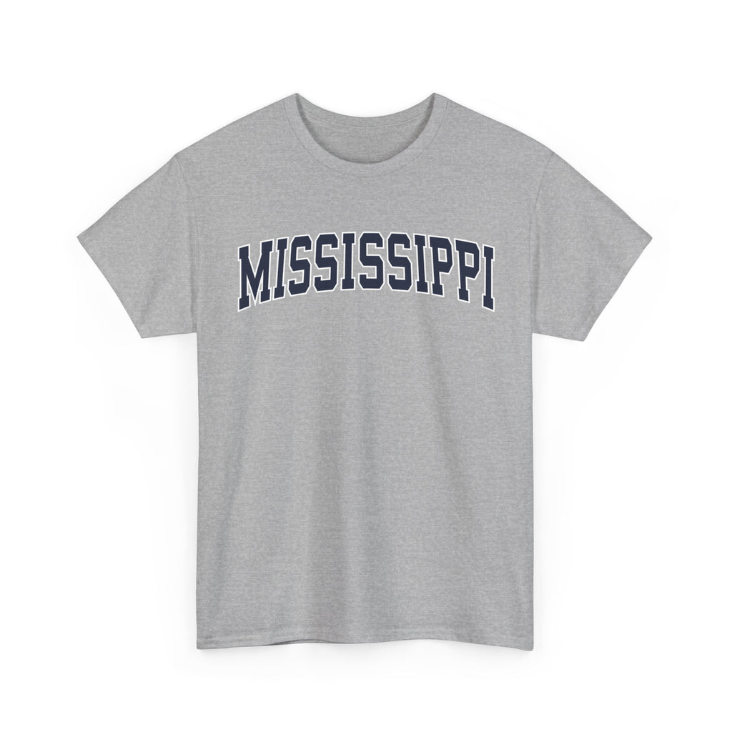 Gray t-shirt with 'MISSISSIPPI' printed on a white background