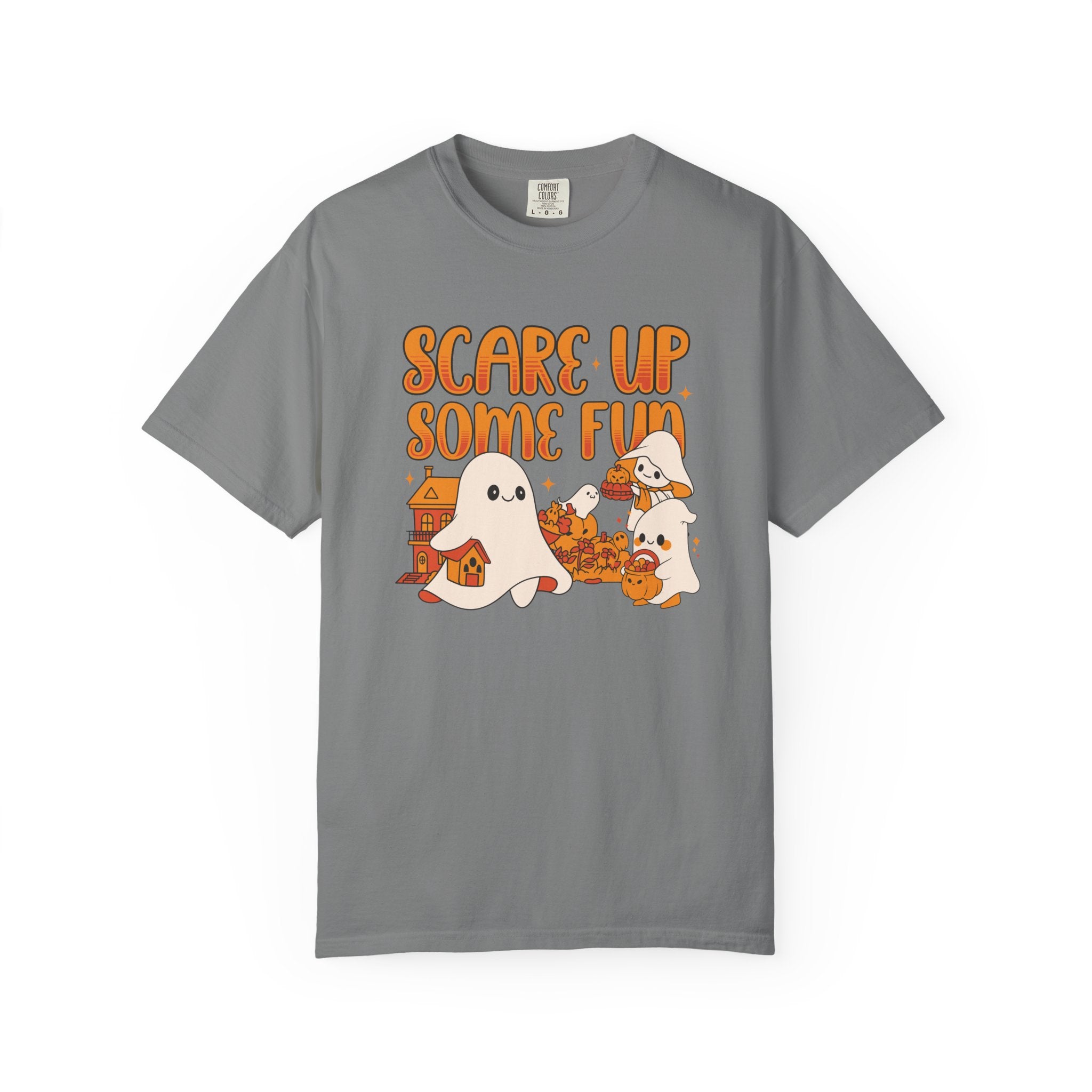 Funny Halloween Ghost T-Shirt: Spooky Pumpkin Design with ’Scare Up Some Fun’ Quote - Grey / S - T-Shirt