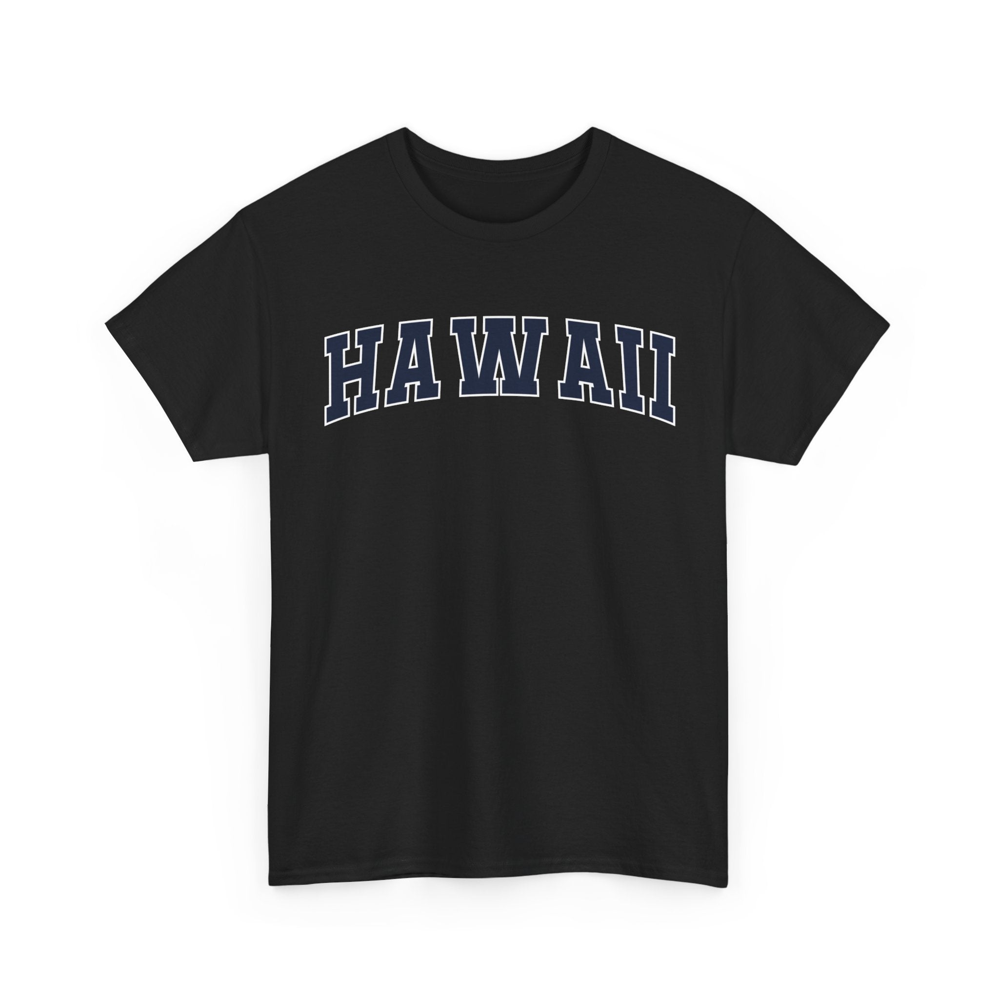Black t-shirt with 'HAWAII' text on a white background