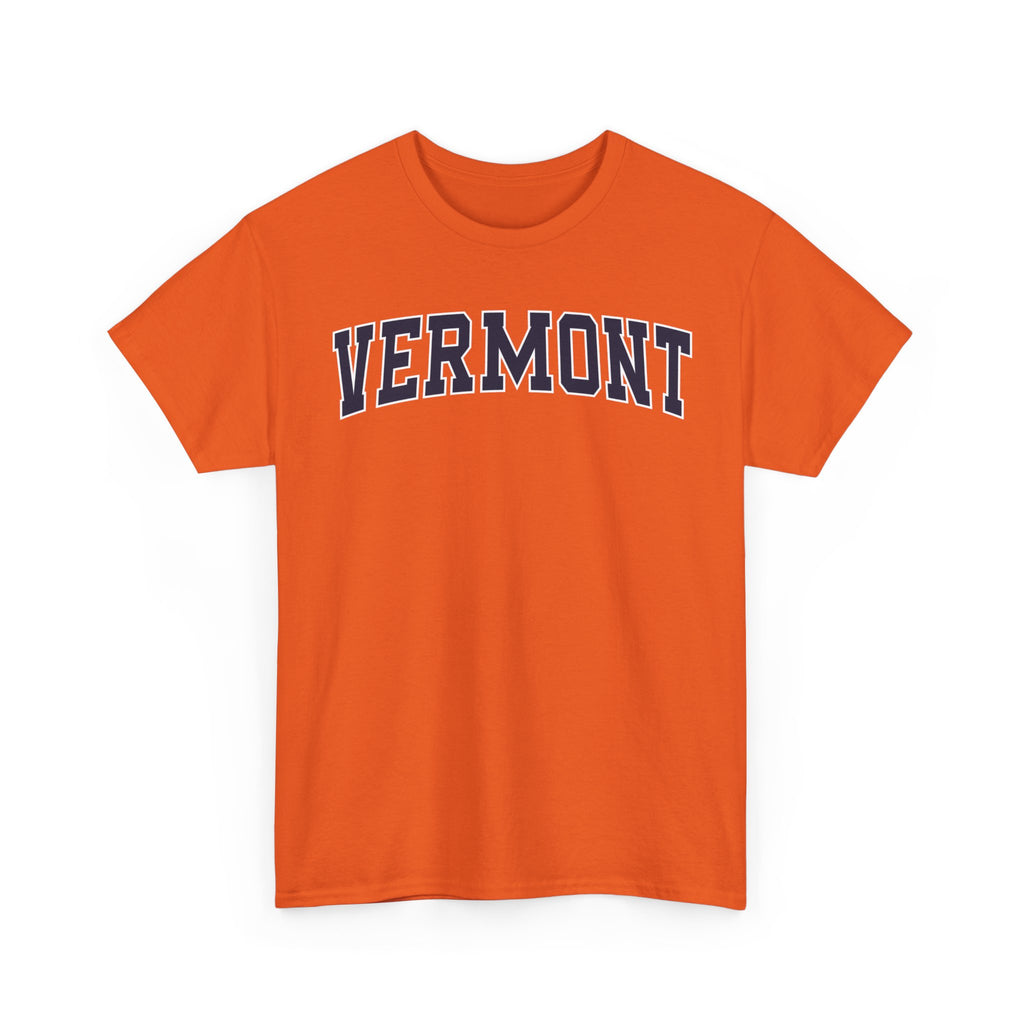 Orange t-shirt with 'VERMONT' printed on it against a white background