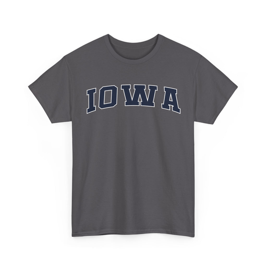 Charcoal t-shirt with 'IOWA' text on a white background