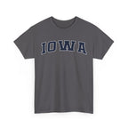 Charcoal t-shirt with 'IOWA' text on a white background