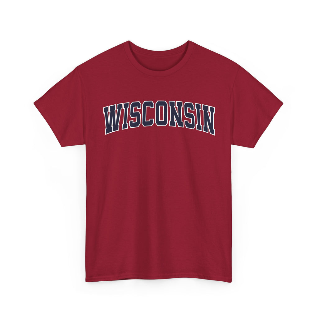 Red t-shirt with 'WISCONSIN' printed on it against a white background