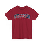 Red t-shirt with 'WISCONSIN' printed on it against a white background