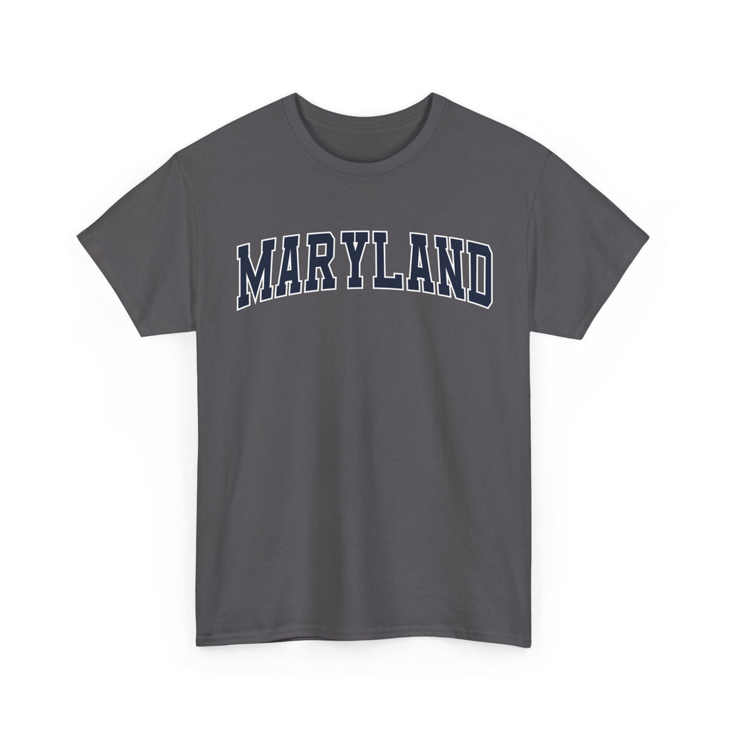 Charcoal t-shirt with 'MARYLAND' text on a white background