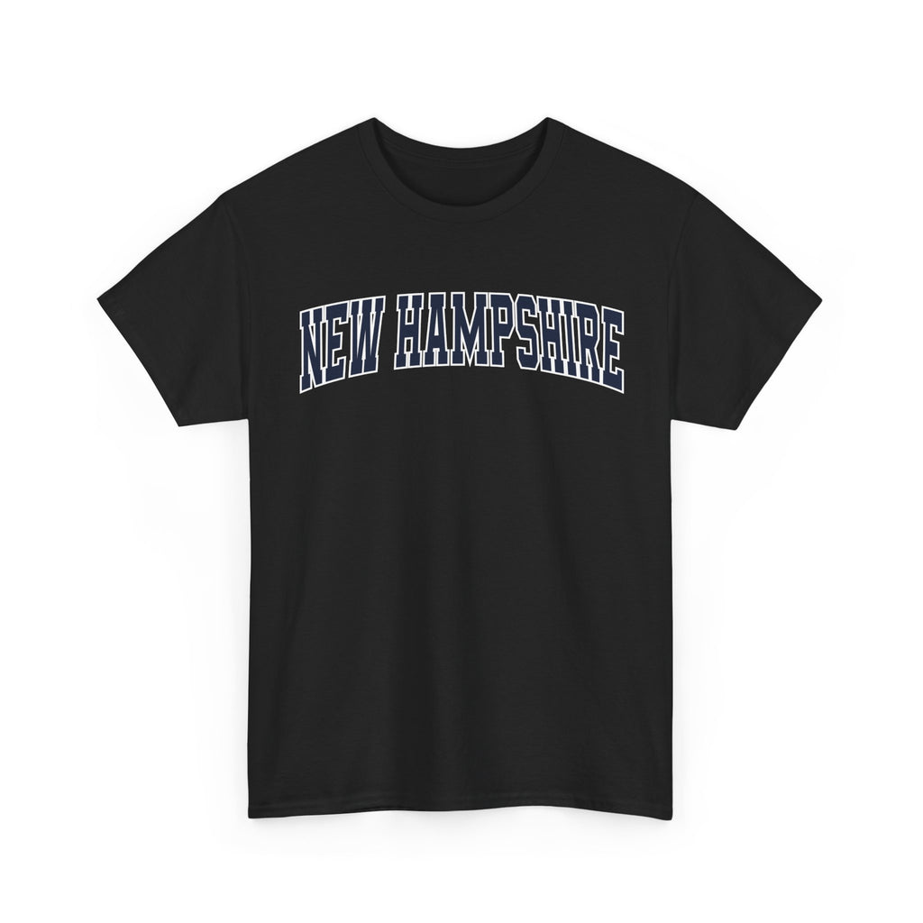 Black t-shirt with 'NEW HAMPSHIRE' text on a white background