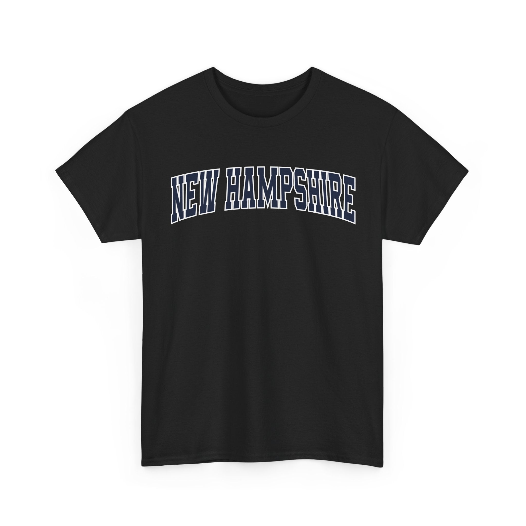 Black t-shirt with 'NEW HAMPSHIRE' text on a white background