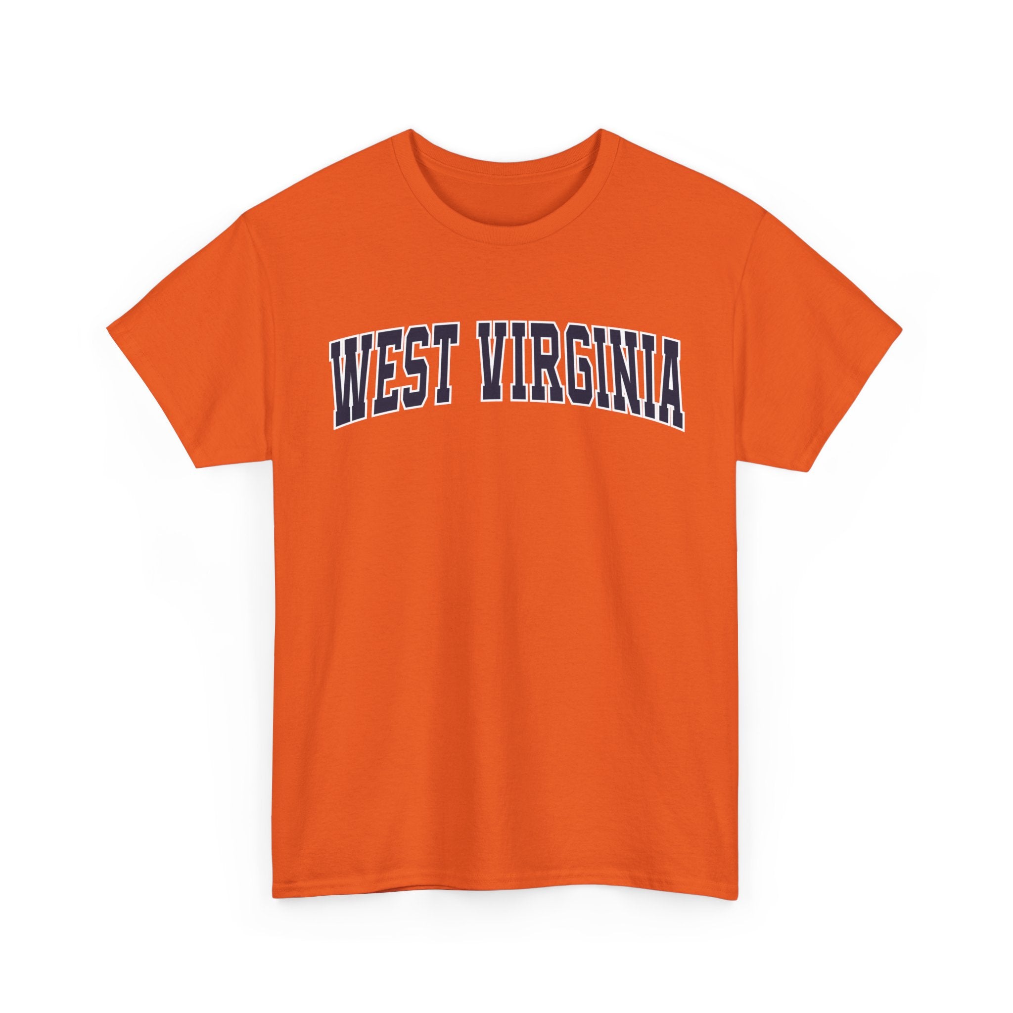 Orange t-shirt with 'West Virginia' text on a white background
