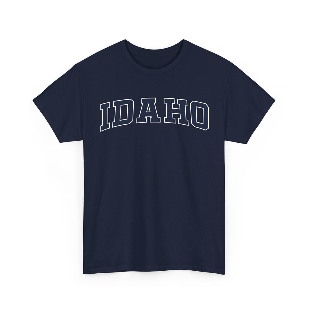 Navy blue t-shirt with 'IDaho' printed on a white background