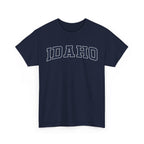 Navy blue t-shirt with 'IDaho' printed on a white background