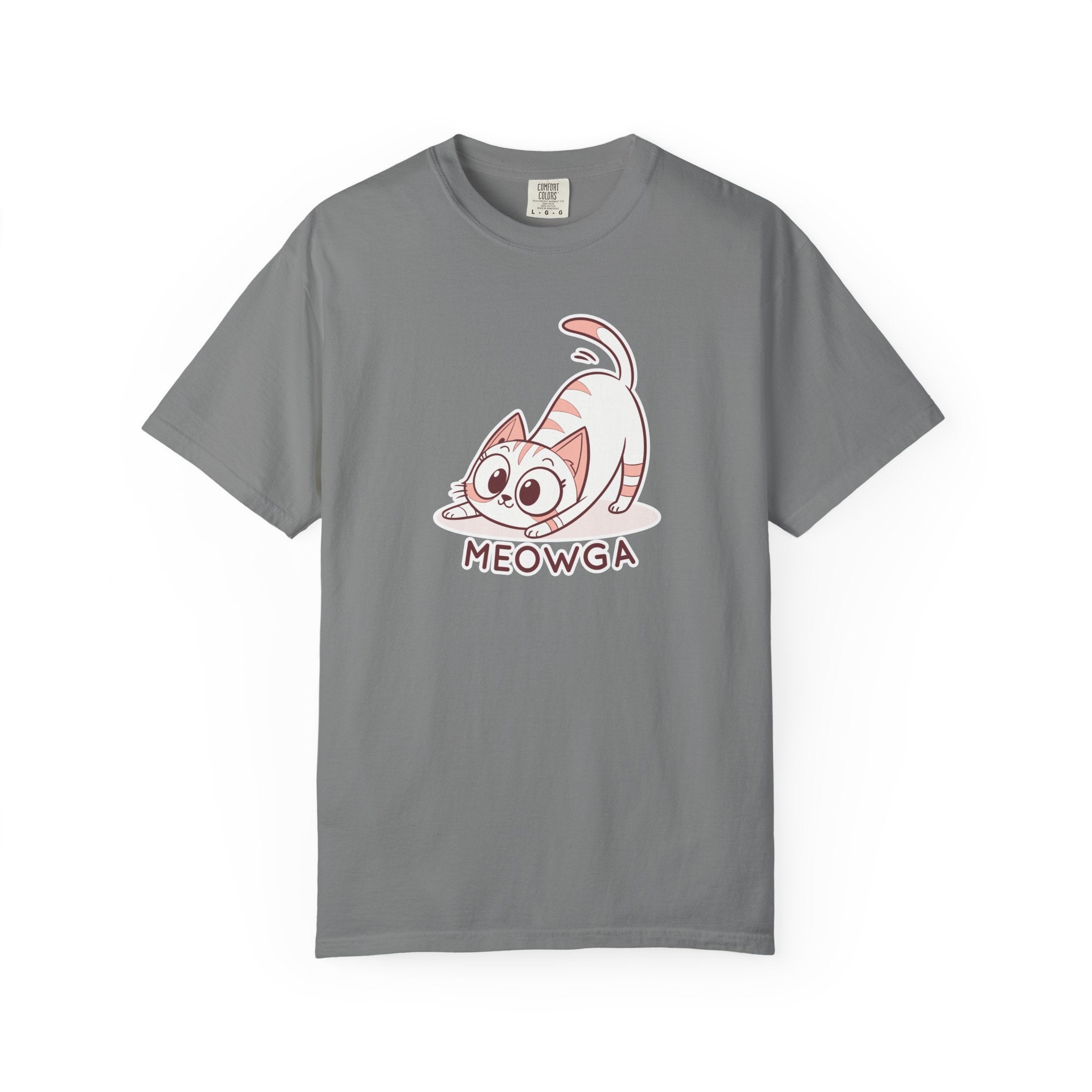 ’Meowga’ Cat Yoga T-Shirt | Cute Kitten Stretch Pose Graphic Tee - Grey / S
