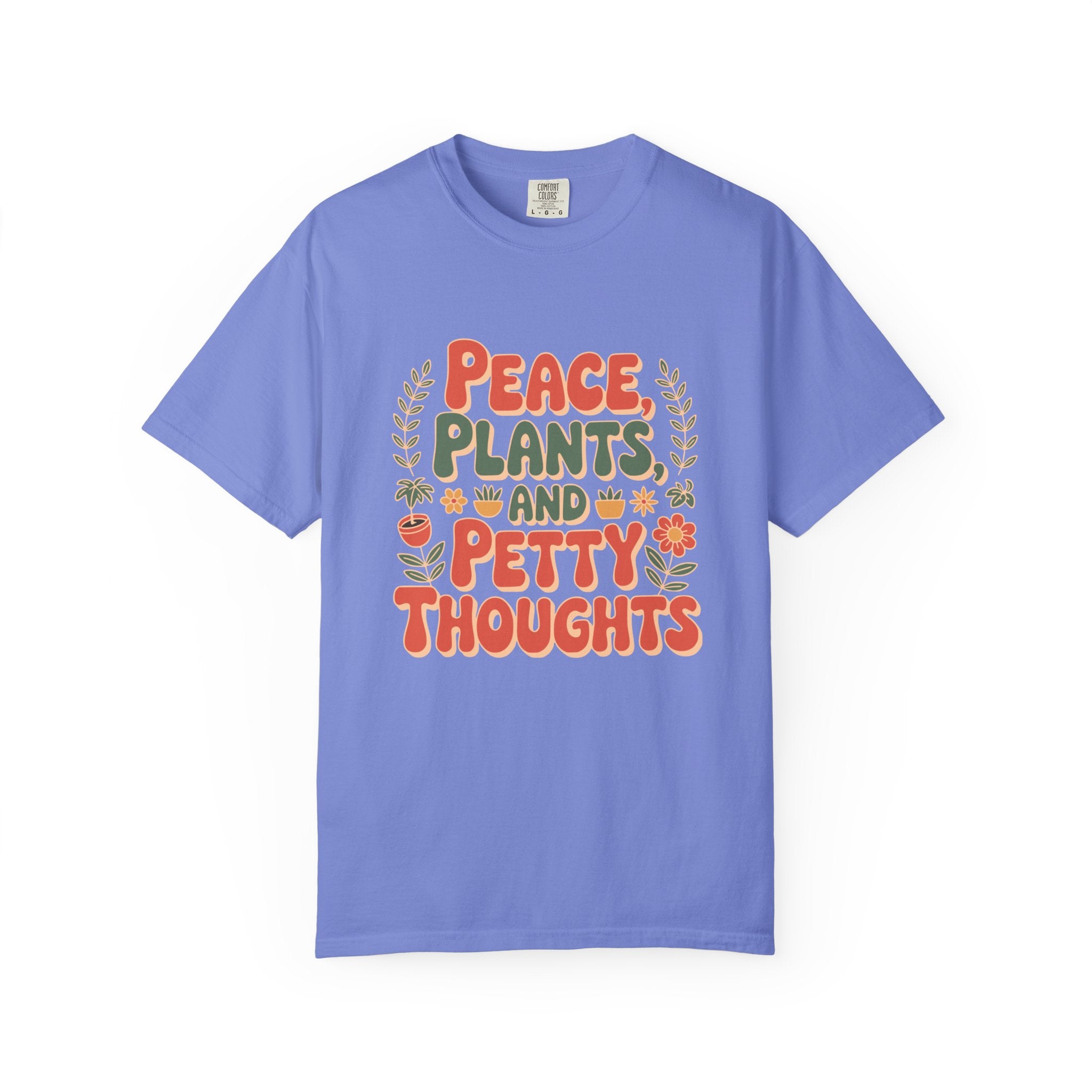 ’Peace Plants & Petty Thoughts’ T-Shirt | Funny Plant Graphic Quote Tee - Flo Blue / S
