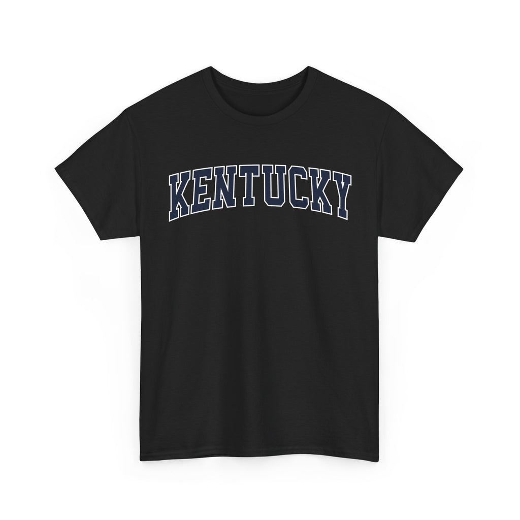 Black t-shirt with 'Kentucky' printed on it against a white background