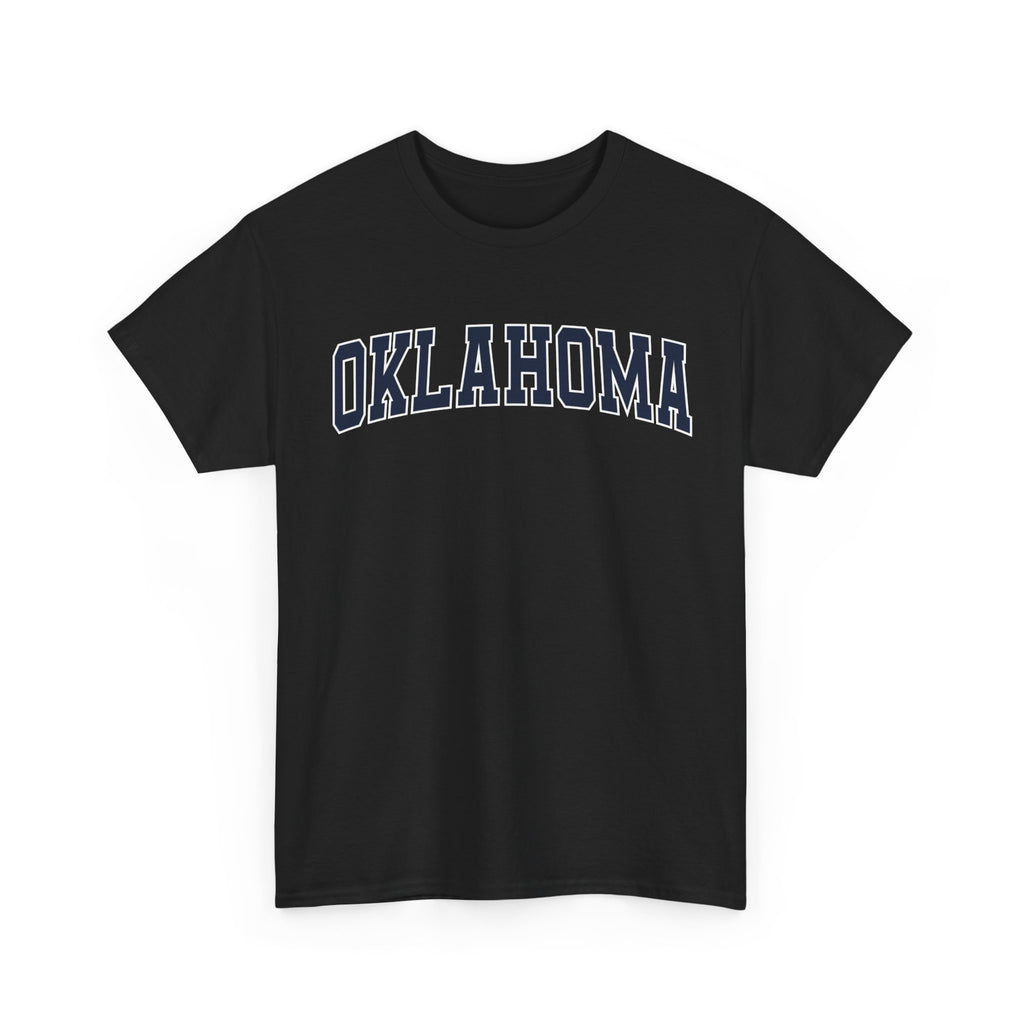 Black t-shirt with 'OKLAHOMA' text on a white background